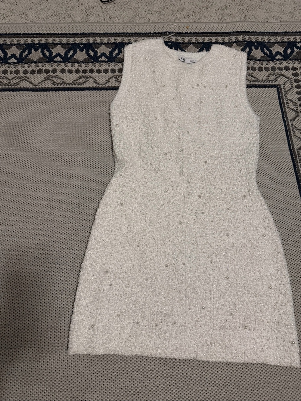 Zara Cream Sleeveless Pearl-Embellished Tweed Dress